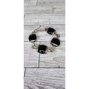 Handmade Silver Tone Square Onyx Black Art Glass Reversible Link Bracelet